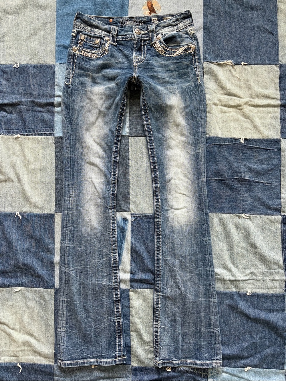 Y2K Miss Me Low Rise Bootcut Jeans Bedazzled Glam Rhinestones size 26